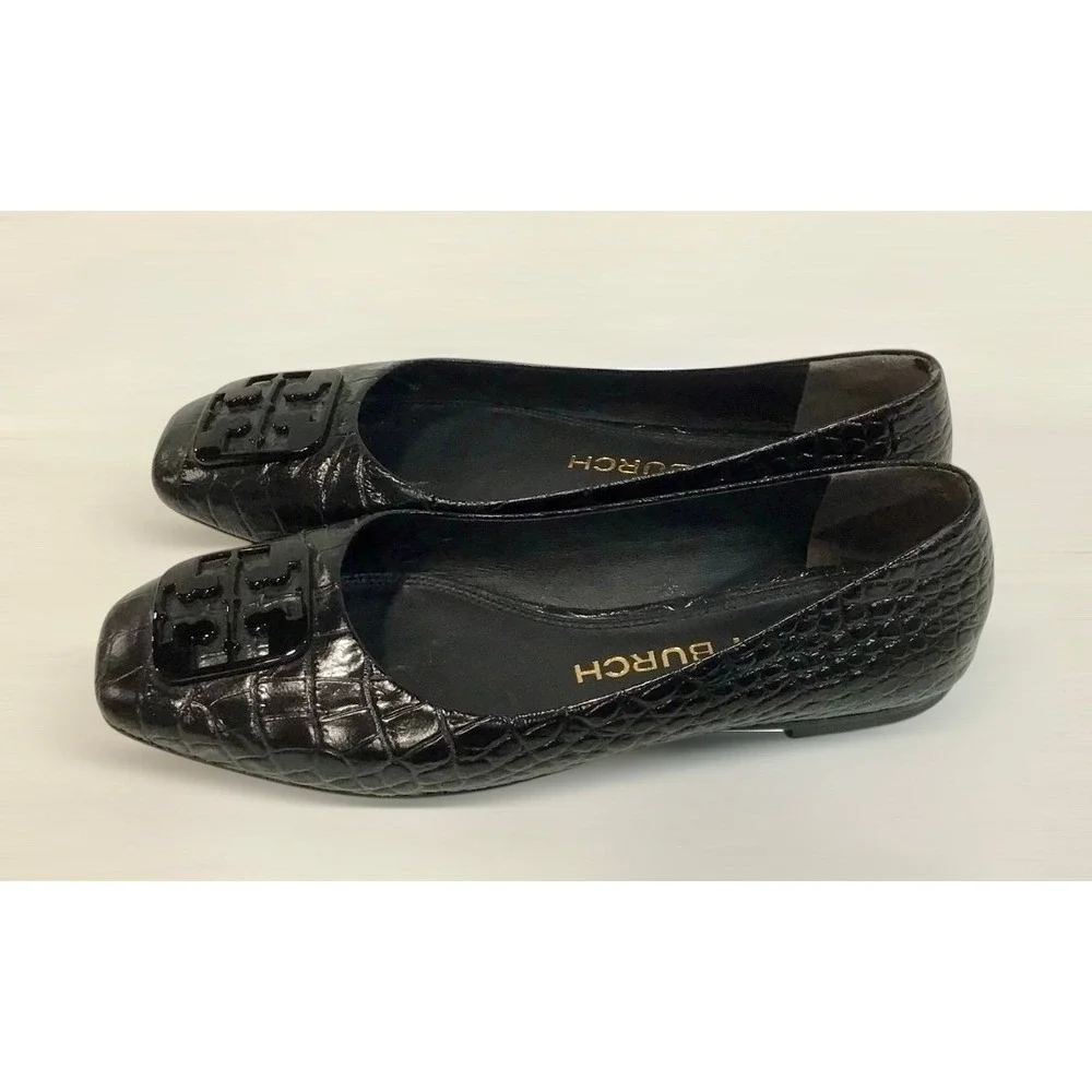 Tory Burch Black Croc Embossed Leather Ballet Flats Shoes Women Size 7M